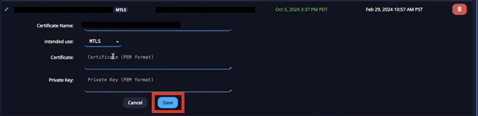 Expanded certificate edit row with the Save button highlighted