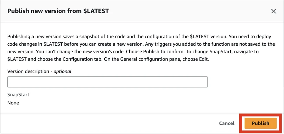 Publish new version from LATEST dialog with optional description field and Publish button highlighted