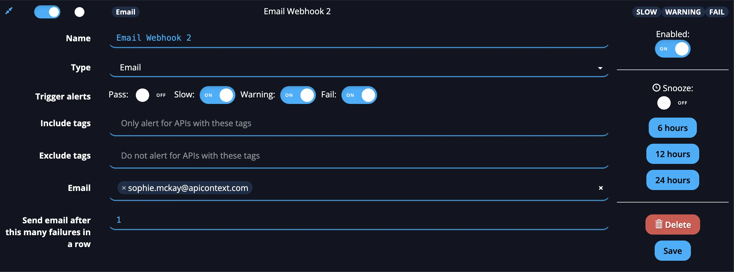 Email webhook configuration showing name, type set to Email, trigger toggles, and recipient address field