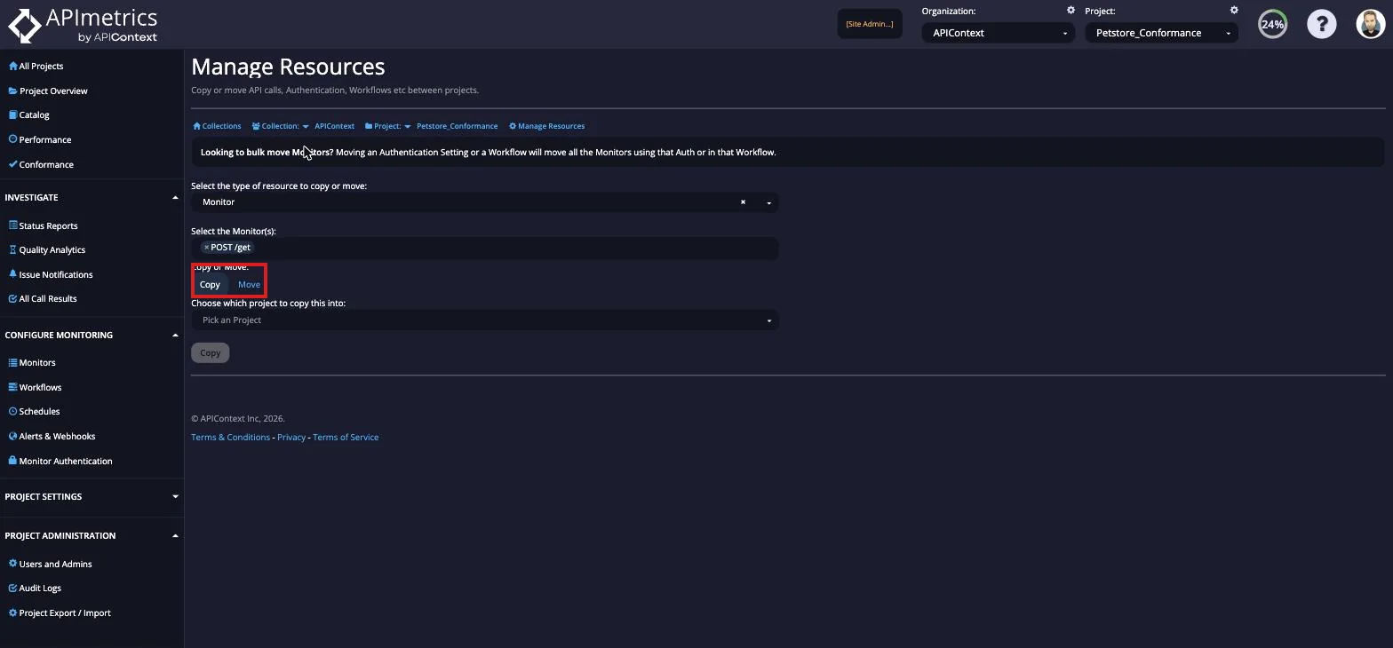 Manage Resources page with resource type and monitor dropdowns and the Copy and Move buttons