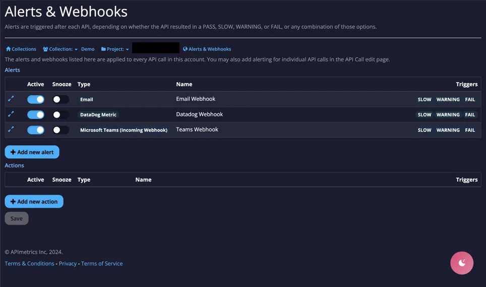 Alerts list showing Email, Datadog, and Microsoft Teams webhooks with their trigger conditions