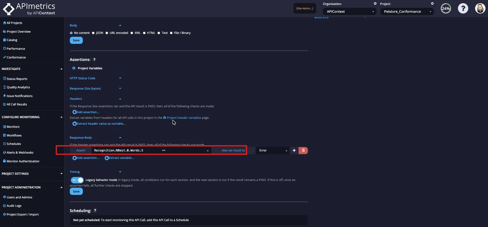 Assertions section with a Response Body assertion checking Recognition.NBest[0].Words[5]
