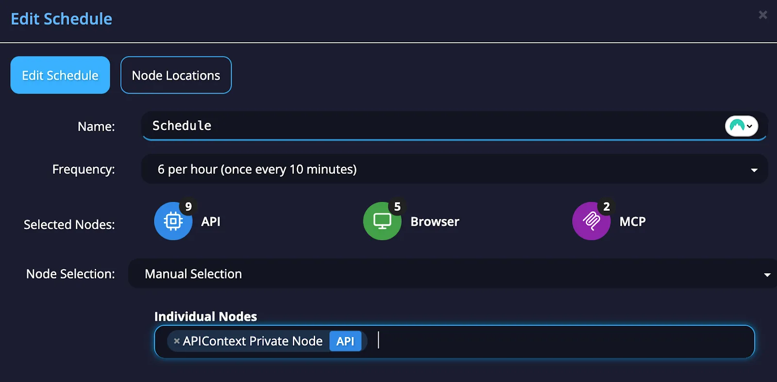 Edit Schedule dialog with Manual Selection adding APIContext Private Node as an individual node