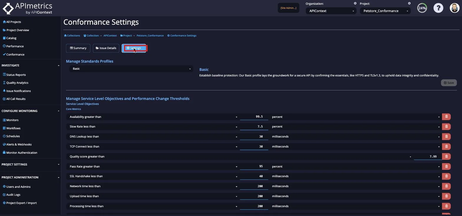 Conformance Settings tab showing Standards Profile selection and Service Level Objective thresholds