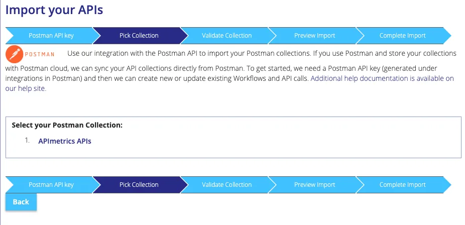 Pick Collection step listing the available Postman collection APImetrics APIs