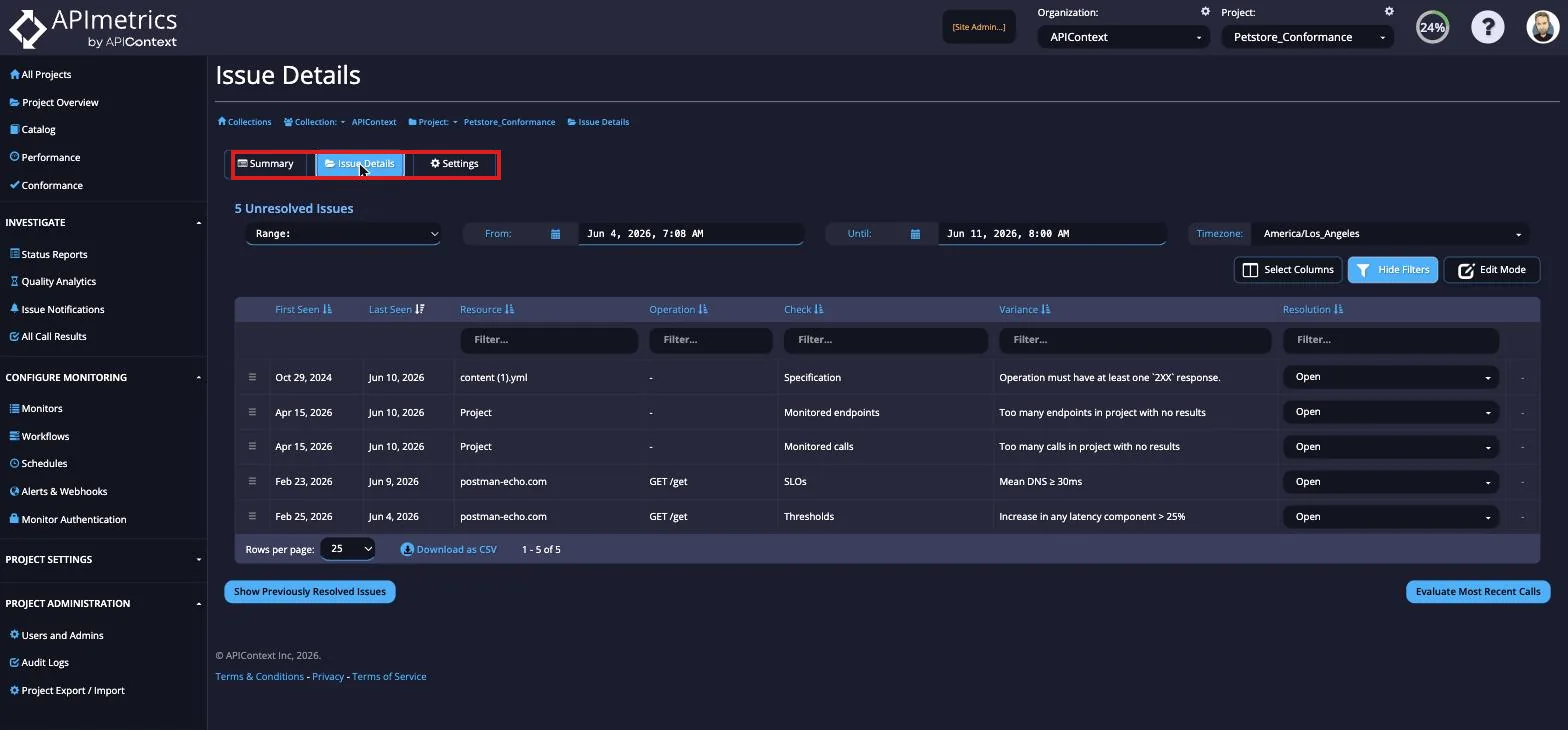 Conformance page tab bar with the Issue Details tab selected between Summary and Settings
