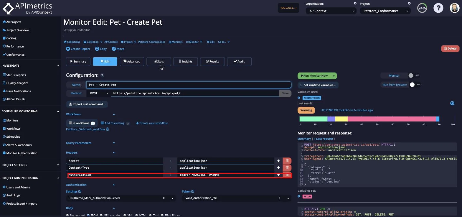 Monitor Edit page for a Create Pet call configuring the access_token environment variable