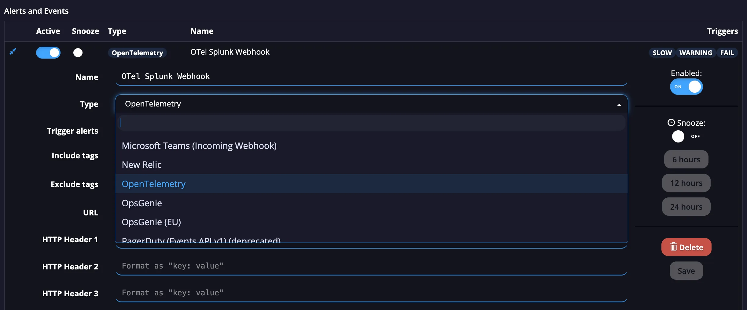APImetrics alert named OTel Splunk Webhook with the Type dropdown open and OpenTelemetry highlighted