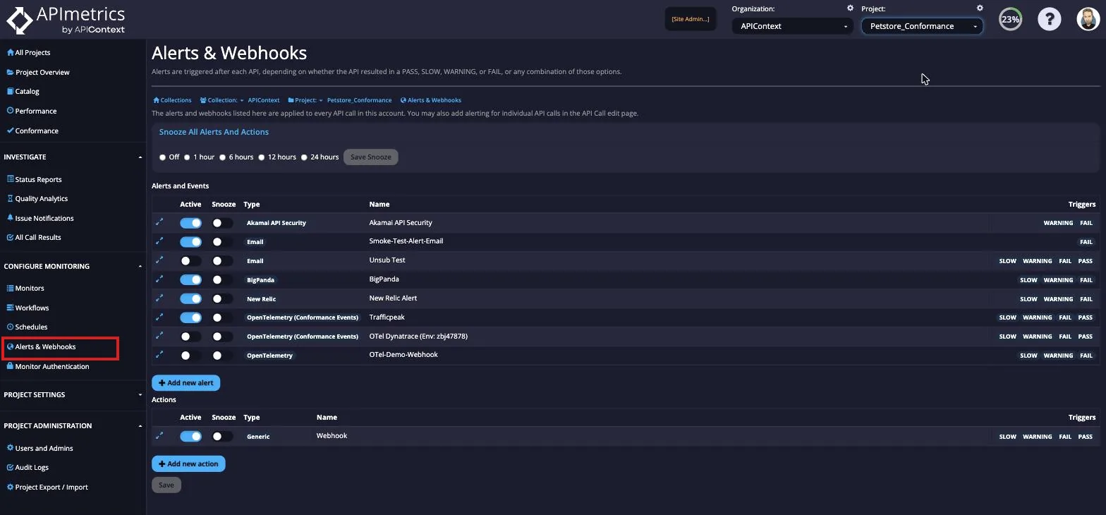 APImetrics Alerts and Webhooks screen showing the configured alerts and actions for a project