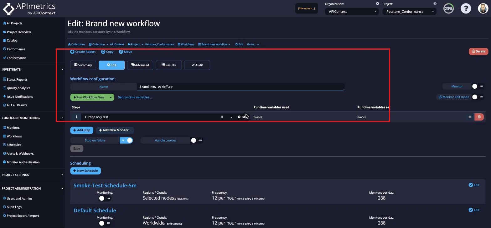 Workflows list with a workflow row selected, opening the Edit Workflow page