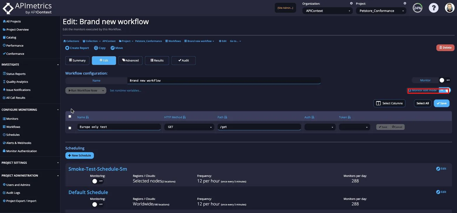 Workflow in monitor edit mode showing an editable step row with HTTP method, path, auth, and token fields