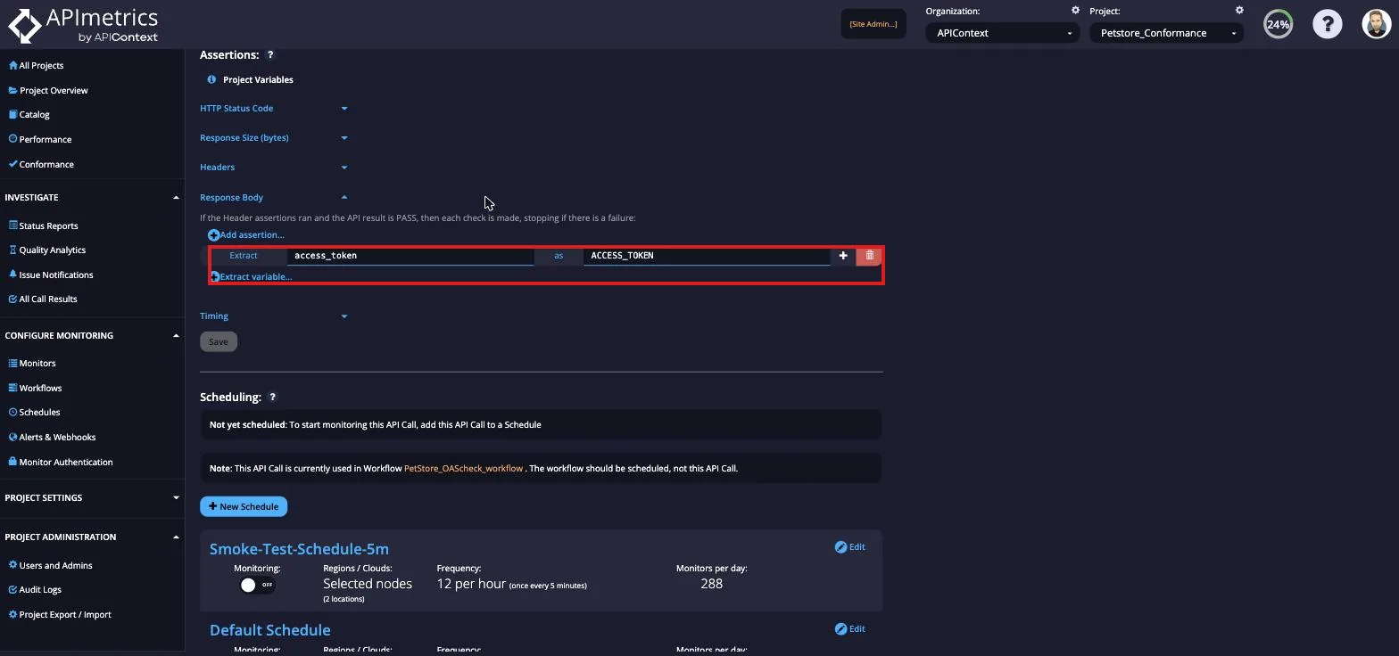 Monitor Edit Assertions section extracting a JSON value into the ACCESS_TOKEN variable