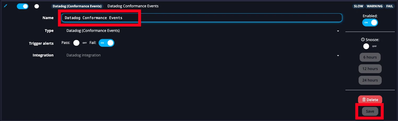 APImetrics Datadog Conformance Events alert editor with the Name field and Save button highlighted