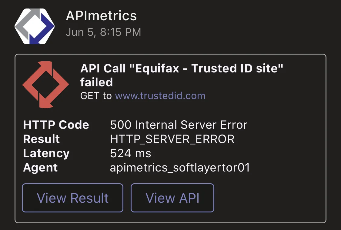 Microsoft Teams alert card reporting a failed Equifax API call with HTTP 500 error details