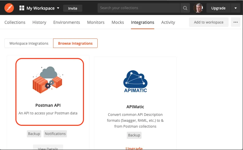 Postman Browse Integrations view with the Postman API integration card highlighted