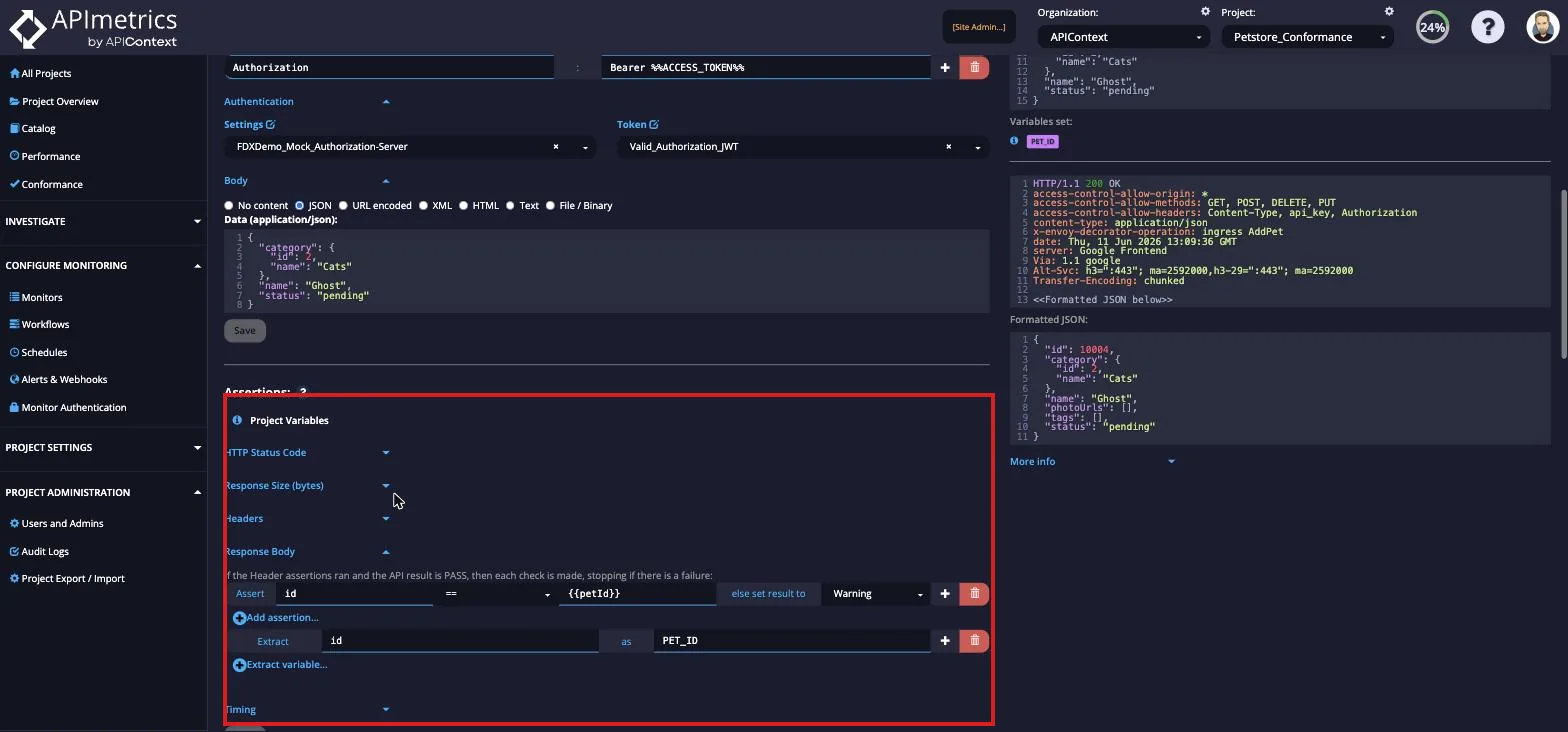 Monitor editor Conditions tab with the Project Variables panel for status code, body, and timing assertions