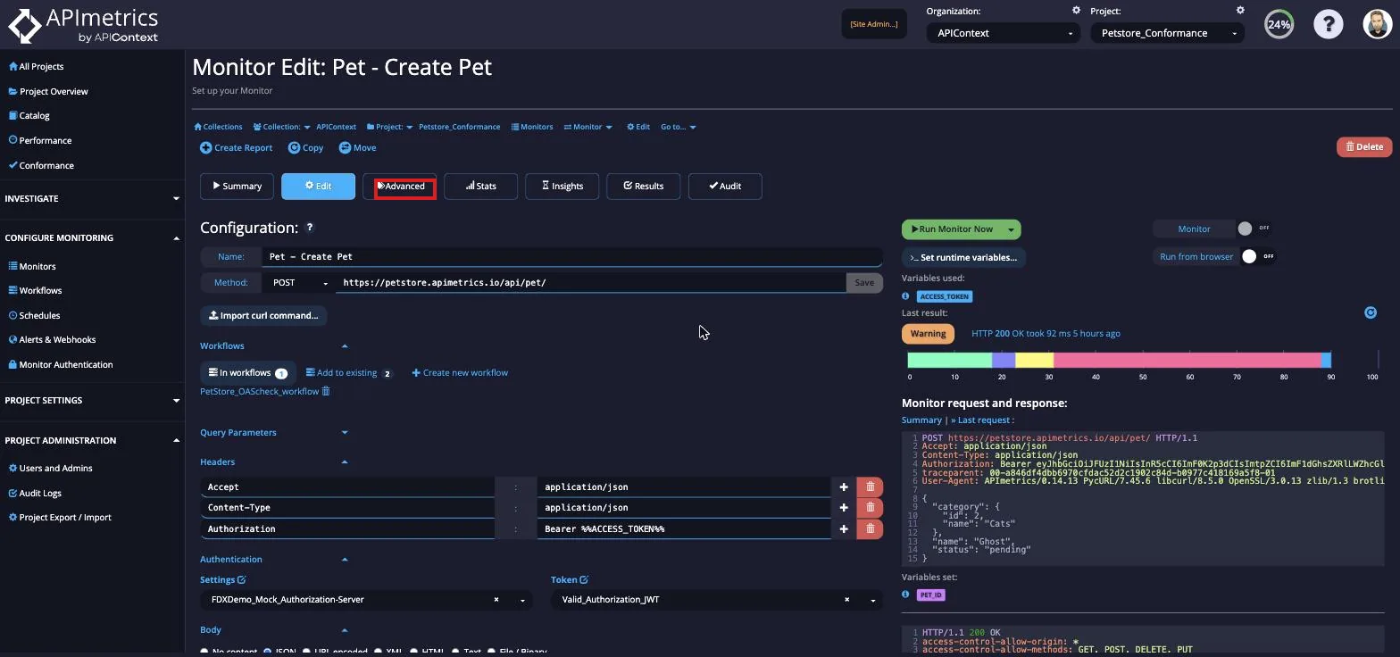 Monitor Edit page with the Advanced tab selected