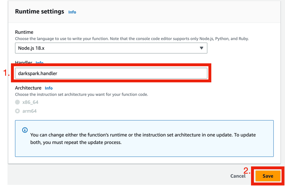 Edit runtime settings with Handler set to darkspark.handler and the Save button highlighted