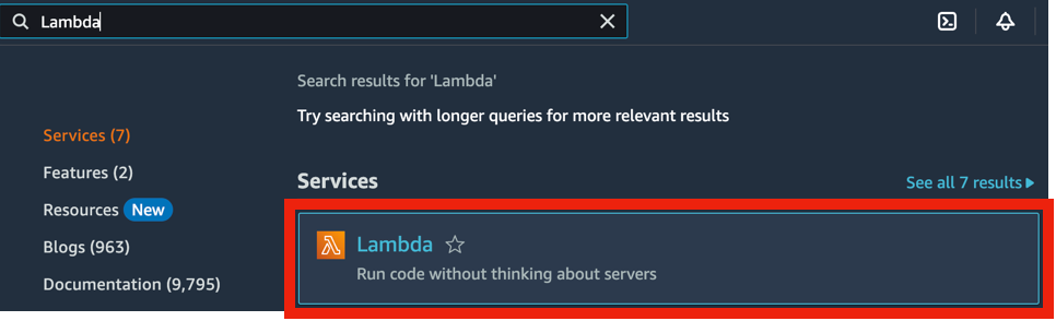 AWS console search results for Lambda with the Lambda service highlighted