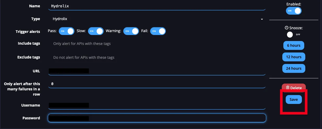 APImetrics Hydrolix alert editor with URL, Username and Password filled in and the Save button highlighted