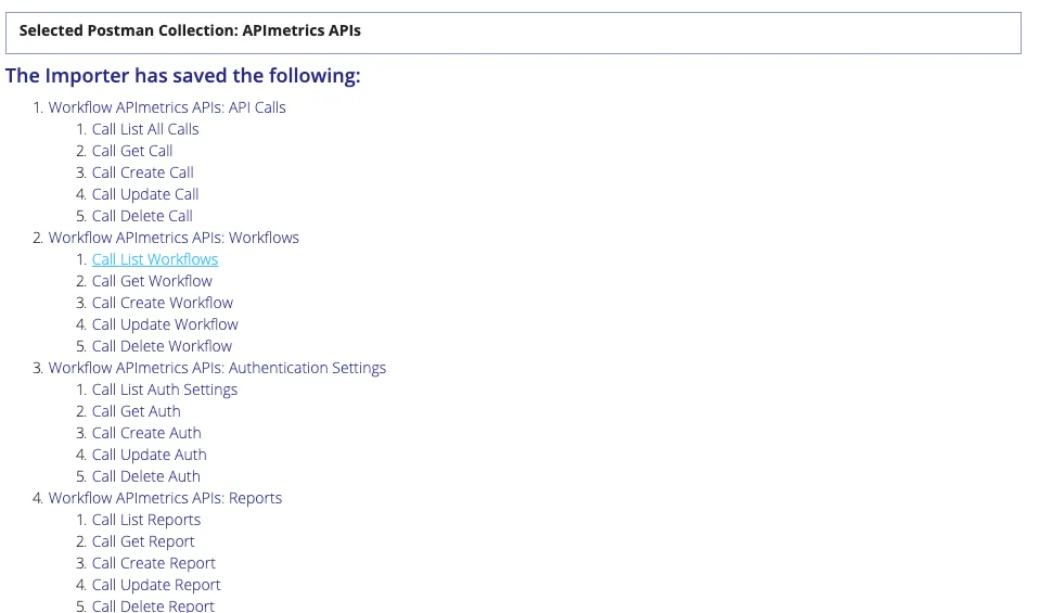 Complete Import step listing the Workflows and API calls the importer saved