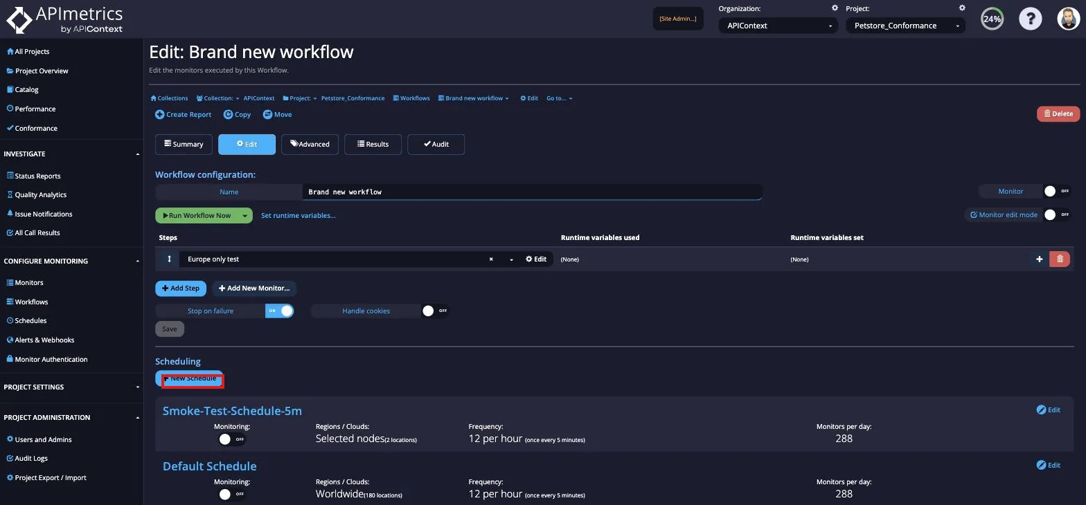 Scheduling section at the bottom of the Edit Workflow page with the New Schedule button highlighted