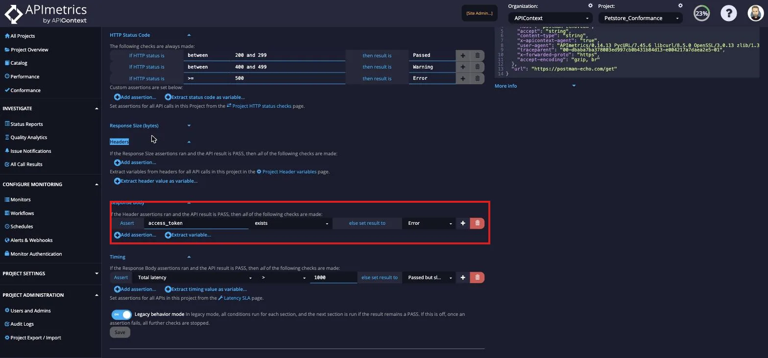 Conditions tab configuring a response body check that returns an error when a string is missing