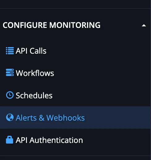Configure Monitoring sidebar section with the Alerts and Webhooks link highlighted