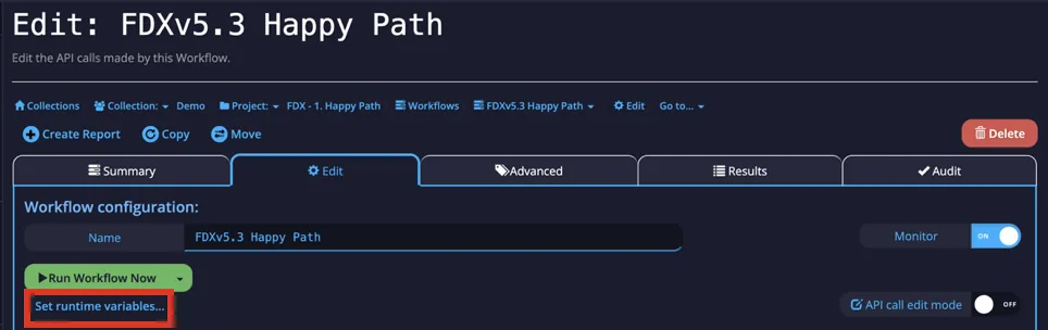 Workflow configuration with the Set runtime variables link highlighted under Run Workflow Now