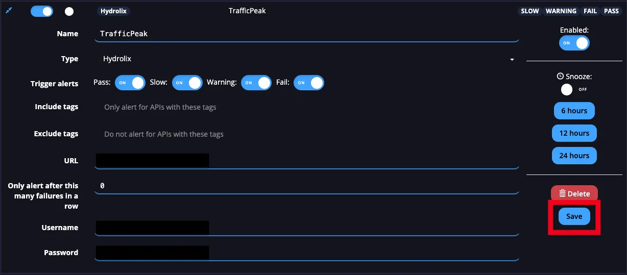 APImetrics TrafficPeak alert editor with URL, Username and Password filled in and the Save button highlighted