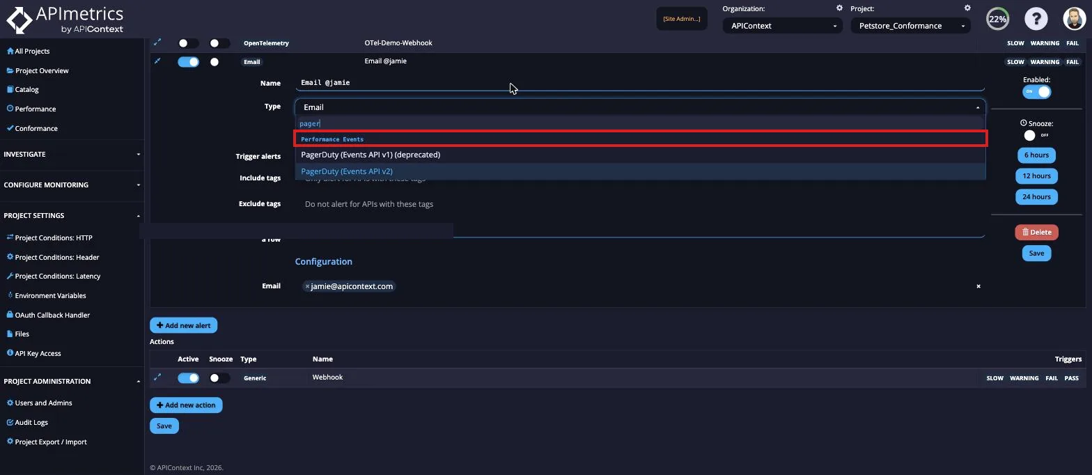 Alert configuration with the Type dropdown open showing options like Performance Events and PagerDuty