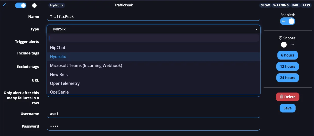 APImetrics alert named TrafficPeak with the Type dropdown open and Hydrolix highlighted