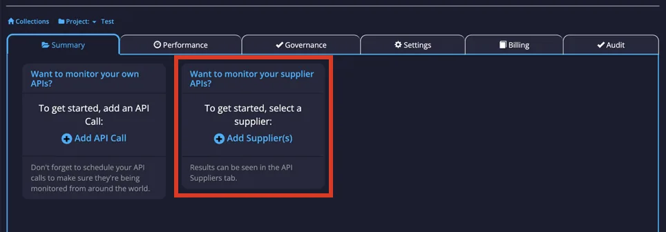 Project Home card prompting to monitor supplier APIs with the Add Suppliers button highlighted