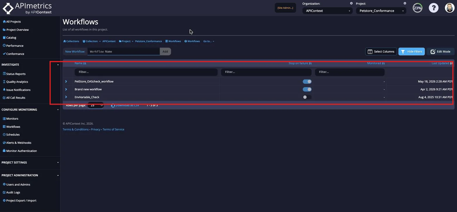 Workflows page listing existing workflows with stop on failure, monitored, and last updated columns