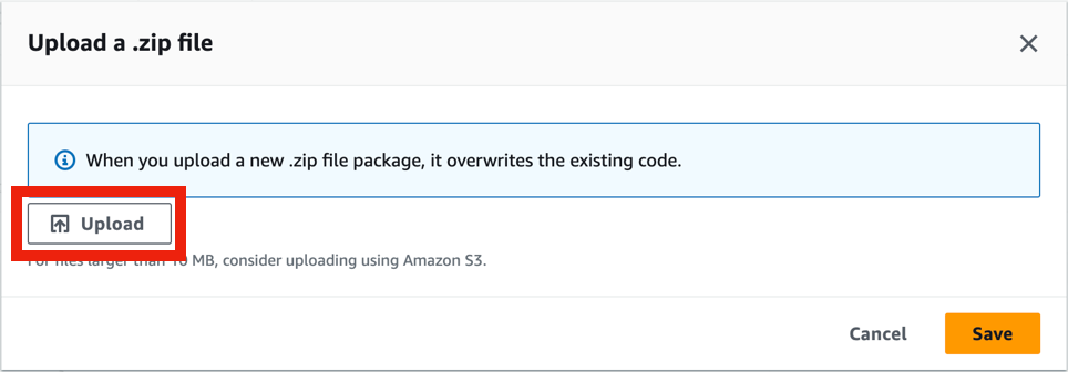 Upload a .zip file dialog with the Upload button highlighted