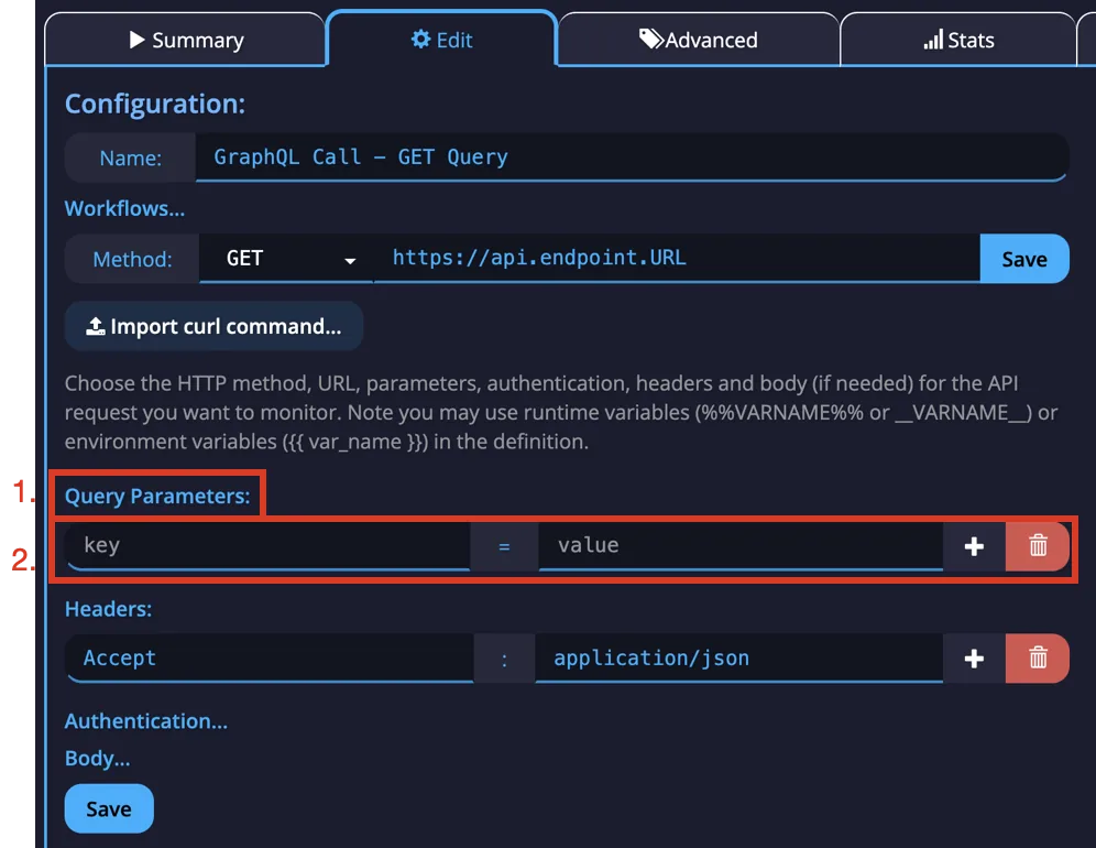GET GraphQL monitor editor with query as the Query Parameters key and value