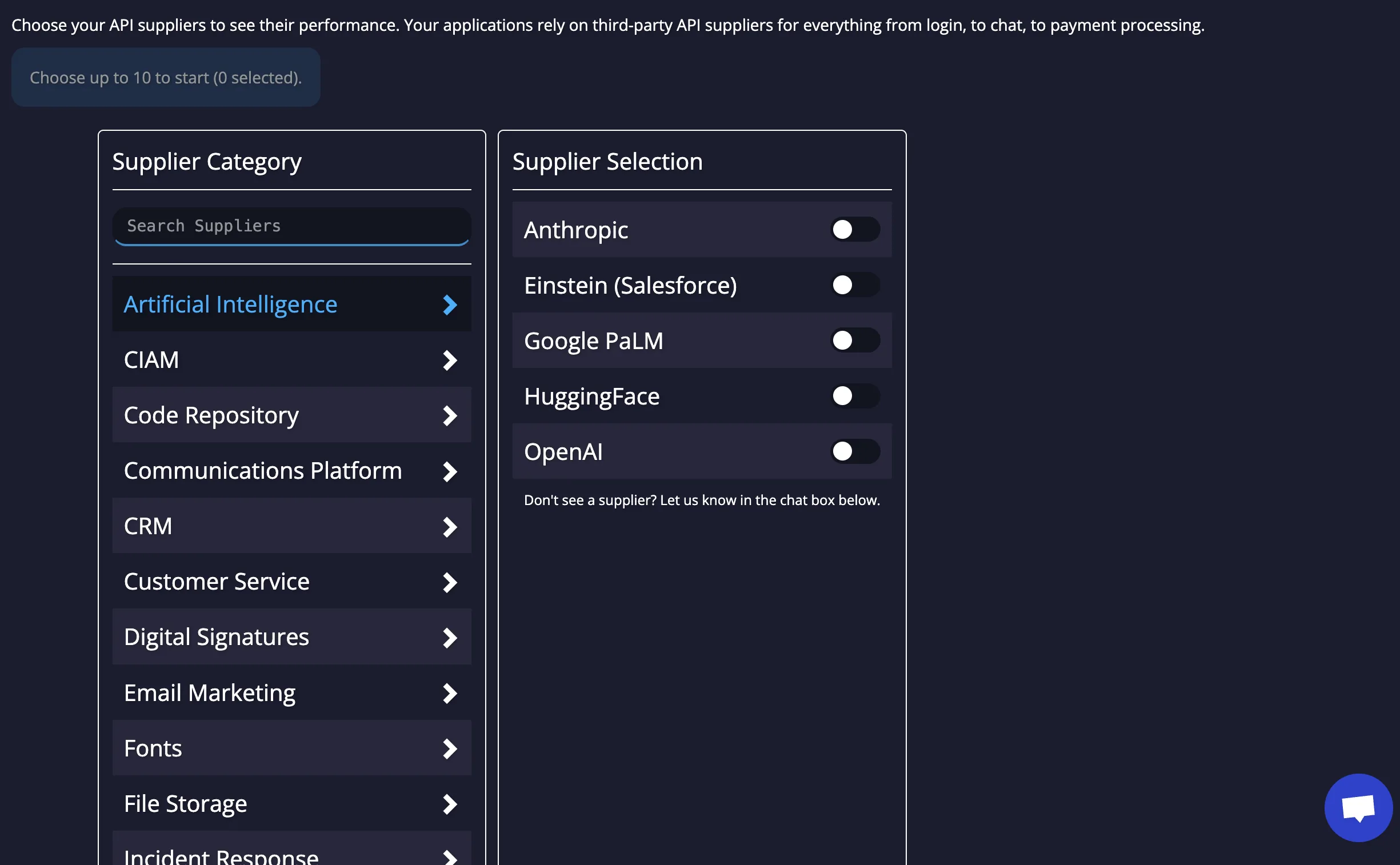Supplier configuration showing categories and an Artificial Intelligence selection with toggle switches