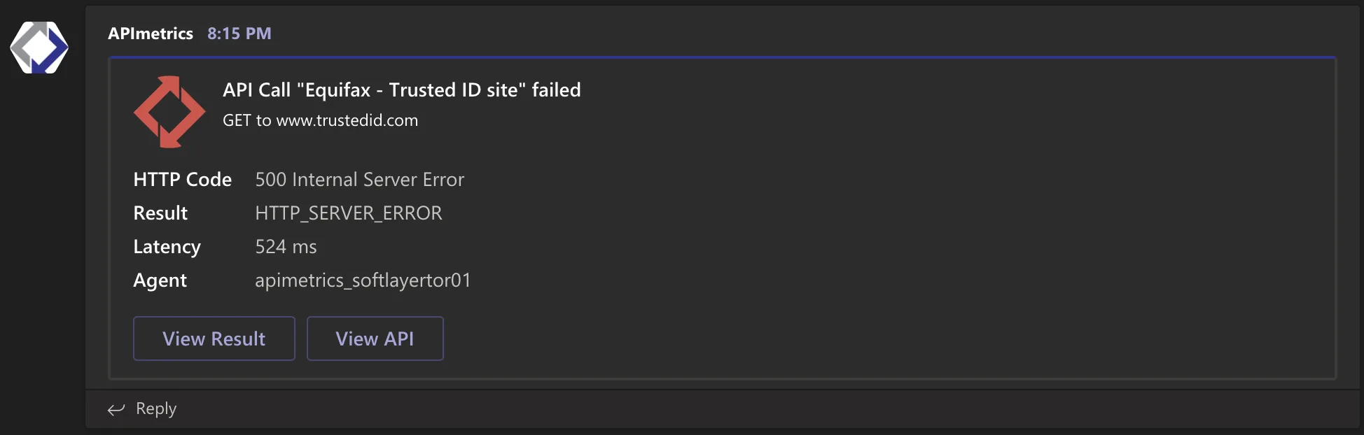 Microsoft Teams alert card reporting a failed Equifax API call with HTTP 500 error details