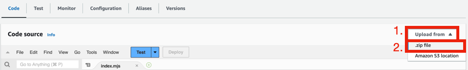 Code source section with Upload from menu open and .zip file option highlighted