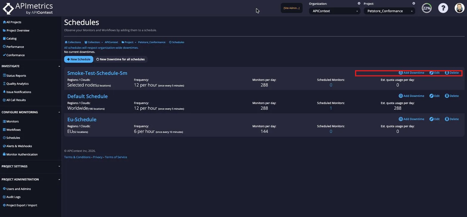 Schedules page with the per-schedule Delete button highlighted alongside Add Downtime and Edit