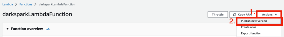 Function page with the Actions menu open and Publish new version highlighted