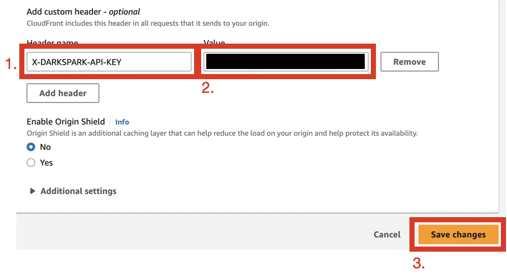 Custom header with X-DARKSPARK-API-KEY name and API key value entered, Save changes highlighted