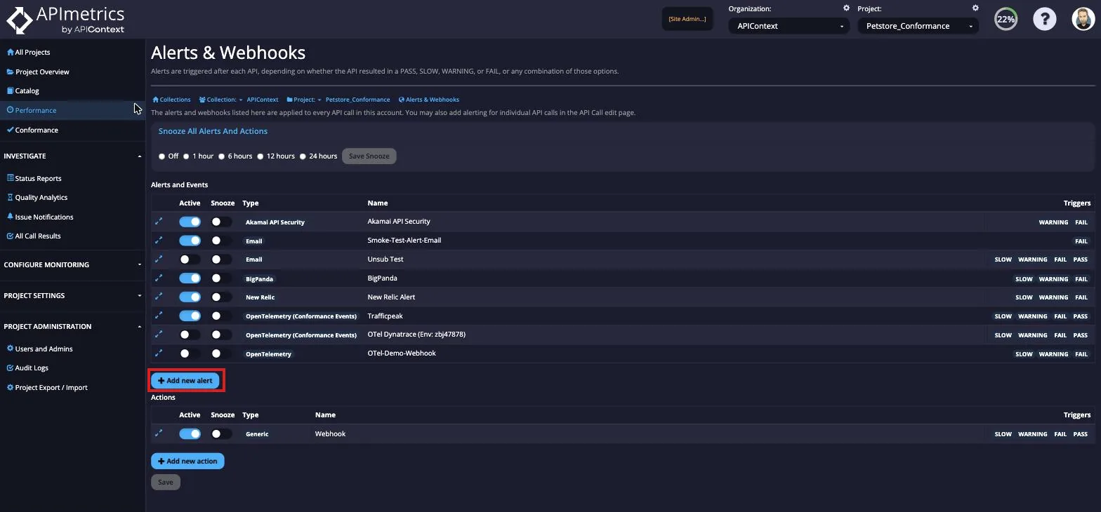Alerts and Webhooks page listing configured alerts and actions with an Add new alert button highlighted