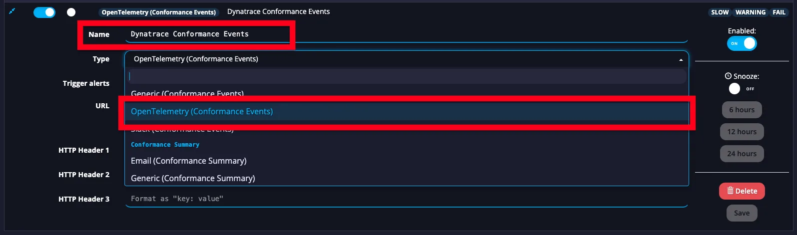APImetrics alert named Dynatrace Conformance Events with the Type dropdown open and OpenTelemetry (Conformance Events) highlighted