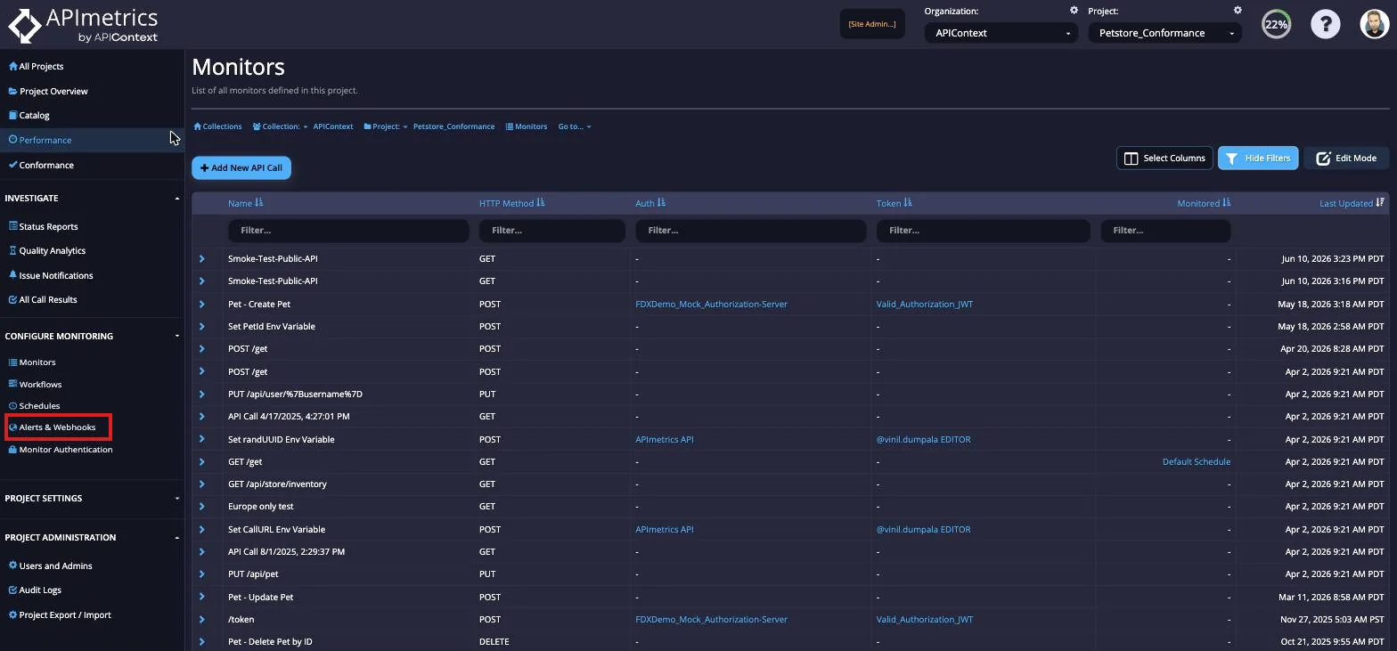 Monitors page with the Alerts and Webhooks link highlighted in the left navigation