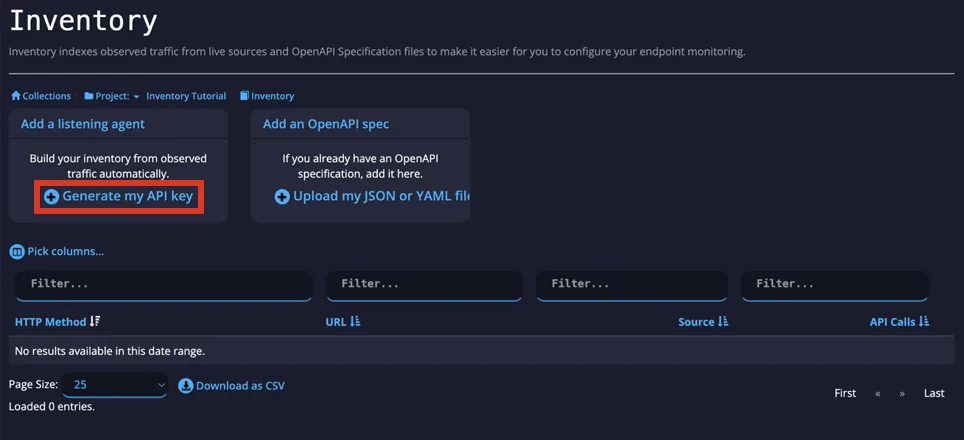 Inventory page with the Generate my API key button highlighted