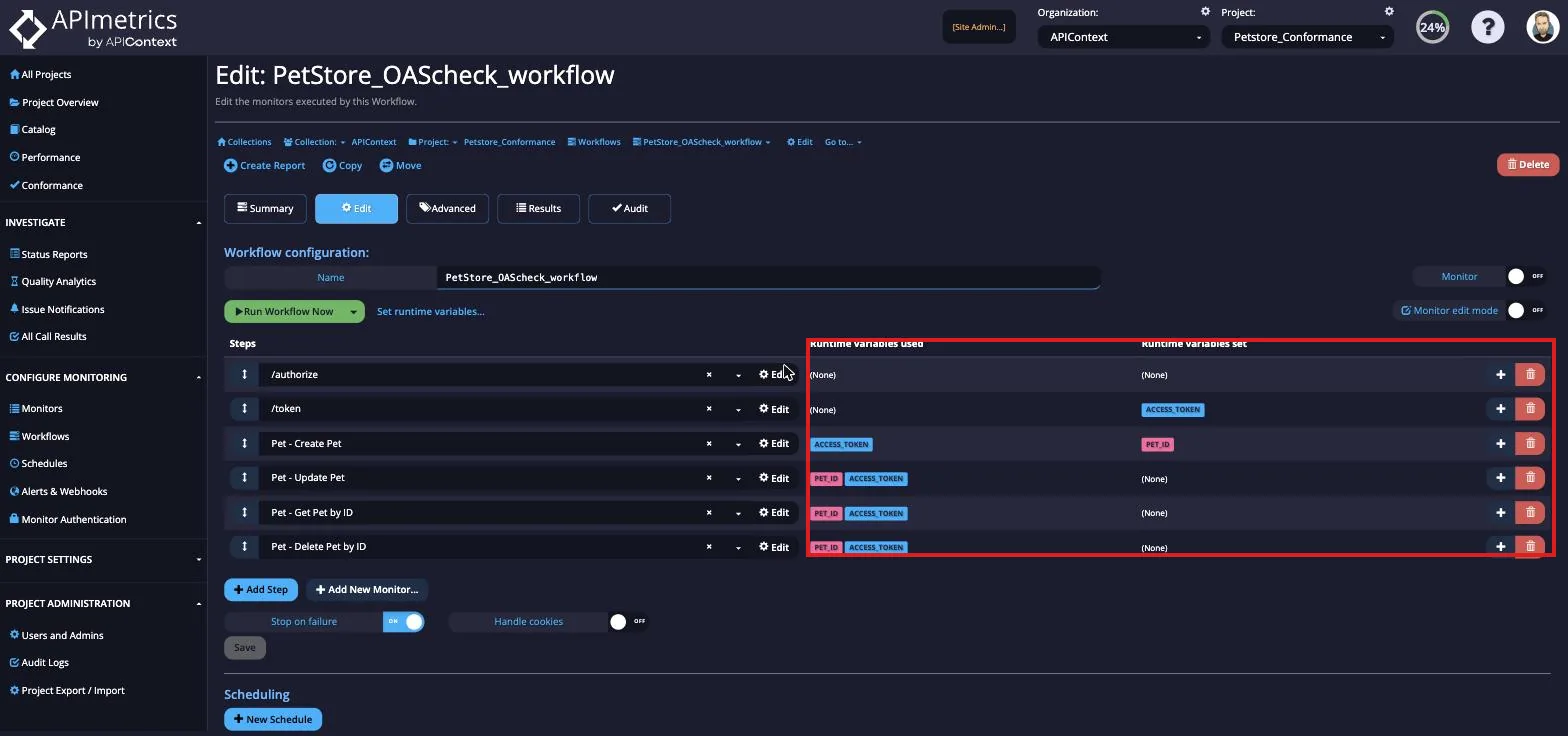 Edit Workflow steps showing runtime variables used and set passing between monitors