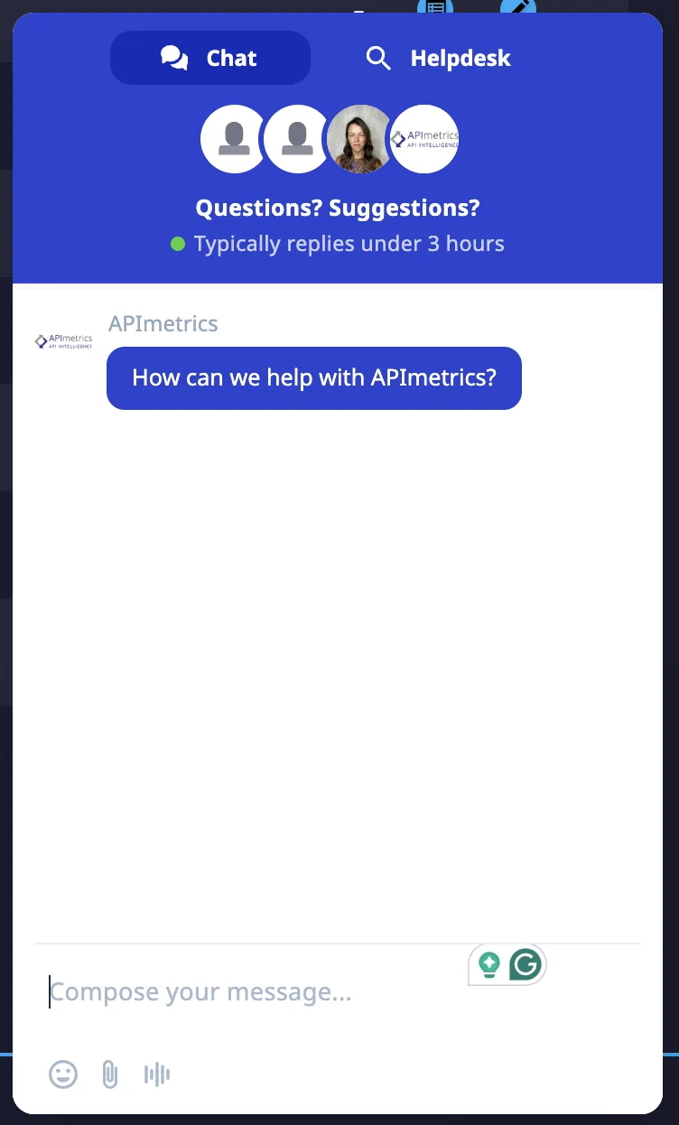 APImetrics chat panel asking how can we help with APImetrics and a compose message box