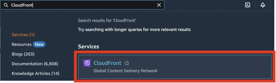 AWS console search results for CloudFront with the CloudFront service highlighted