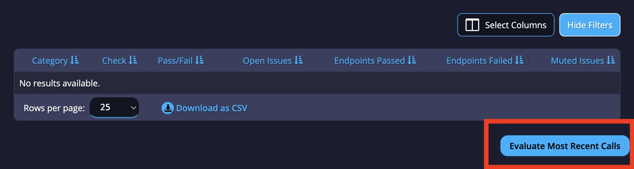 APImetrics Conformance page with the Evaluate Most Recent Calls button to trigger a manual conformance check